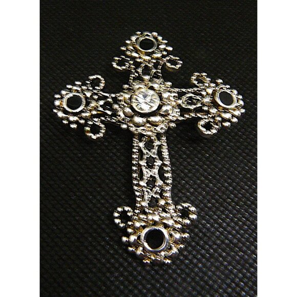 Vintage Filigree Cross Brooch Pin Rhinestones Ornate Silver-Tone Jewelry 2.75" - Picture 1 of 2